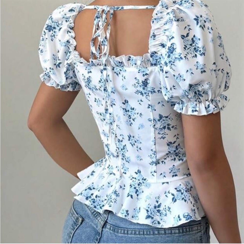 Floral Blue Puff Sleeve Top - Picture 2 of 5